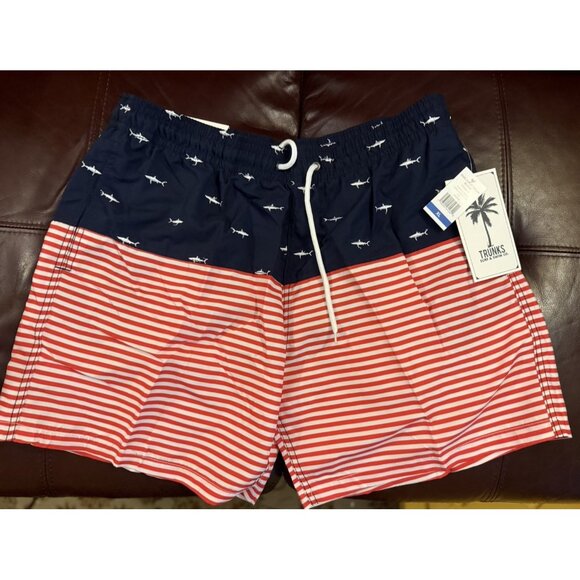 NEW TRUNKS SURF AND SWIM CO. SANO 6 SWIM SHORTS MARINE SHARK STRIPES SIZE XL - Picture 1 of 15